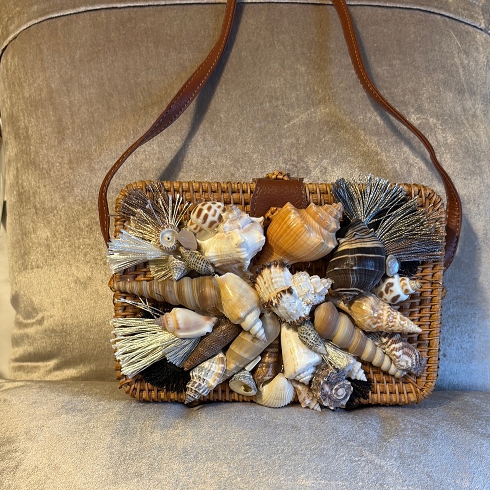 Hand Crafted Brown Tan Shoulder Bag with Shell Embellishments